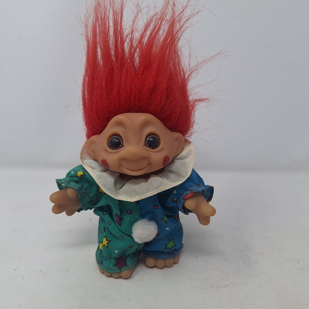Vintage 80s Dam Troll Doll Red Hair 1984 Signed ODAM Green Blue Clown Outfit